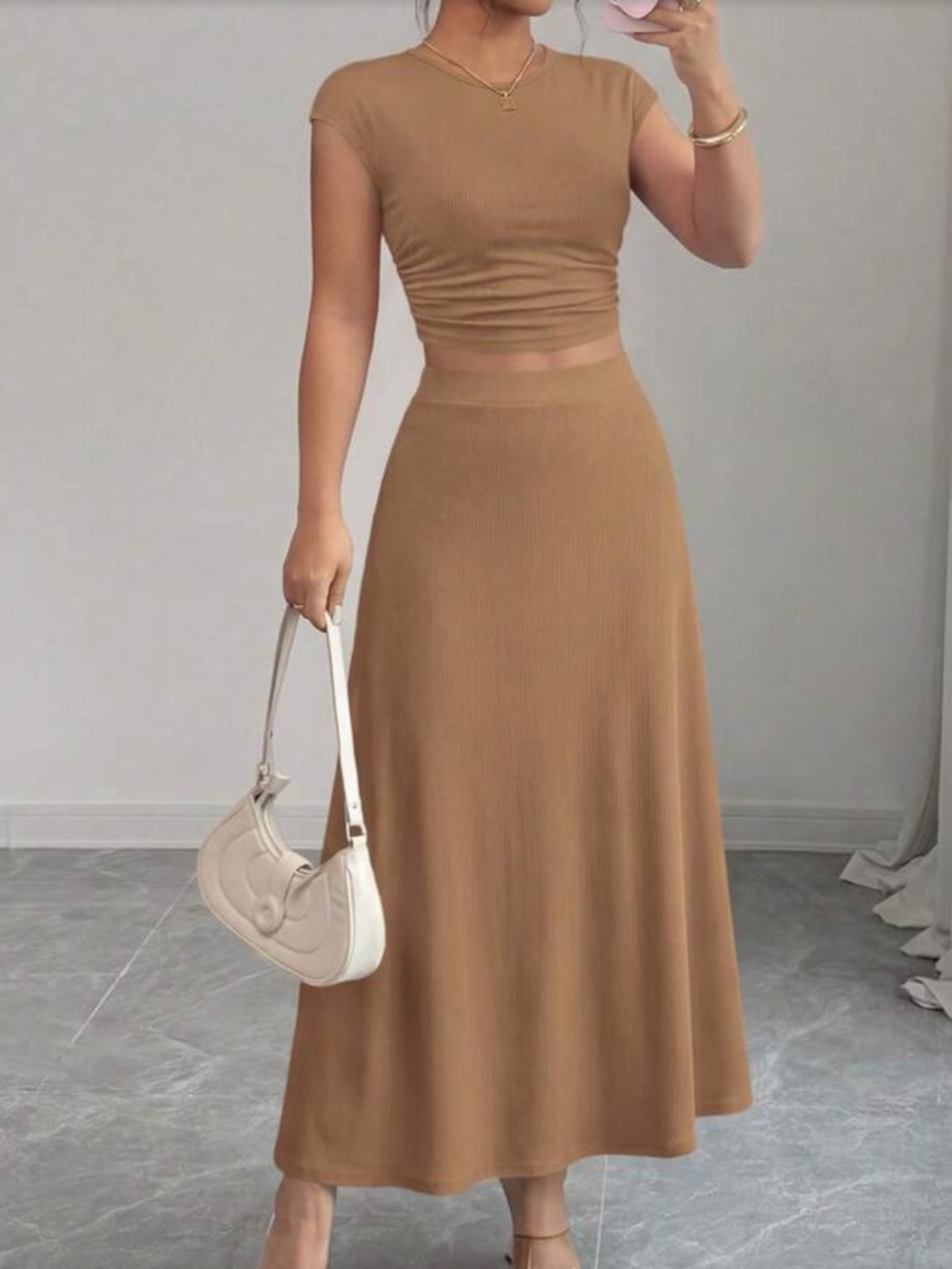 Khaki Ribbed A-Line Maxi Skirt and Crop To Set